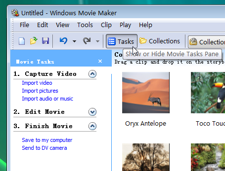show windows movie maker tasks pane